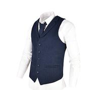 VOBOOM Mens Herringbone Tailored Collar Waistcoat Fullback Wool Tweed Suit Vest - blue - XL
