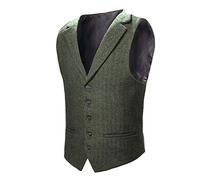 VOBOOM Mens Herringbone Tailored Collar Waistcoat Fullback Wool Tweed Suit Vest - green - Medium