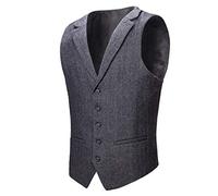 VOBOOM Mens Herringbone Tailored Collar Waistcoat Fullback Wool Tweed Suit Vest - grey - XXXL