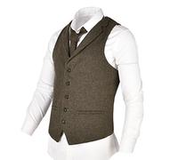 VOBOOM Mens Herringbone Tailored Collar Waistcoat Fullback Wool Tweed Suit Vest - yellow - XL