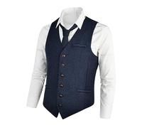 VOBOOM Men's Herringbone Wool Tweed Waistcoats Vests in Coffee, Army Green, Navy Blue and Dark Grey,Khaki (Navy Blue, XXXL)