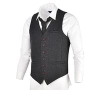 VOBOOM Men's Herringbone Wool Tweed Waistcoats Vests in Coffee, Army Green, Navy Blue and Dark Grey,Khaki (Dark Grey, XXXL)