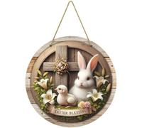 Vobumix Happy Easter Hanging Sign, Easter Wooden Hanging Sign Round Bunny Welcome Door Sign Plaque Rustic Front Door Rabbit Hanger Sign