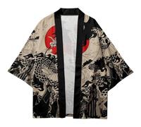Vobumix Japanese Kimono Cardigan Open Front Cardigan with Dragon Print Traditional Samurai Kimono Loose Beach Blouse for Summer Outdoor