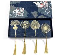 Vobumix Metal Leaf Bookmark with Tassel 4pcs Beautiful Flowers Leaf Plant Book Marks Chinese Style Handmade Book Mark, Classical Page Marker