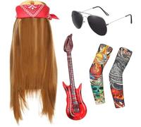 Vobumix Rocker Costume Set with Wig Guitar Sunglasses Bandana Sleeves Star Accessories for 70s 80s Party Fancy Dress