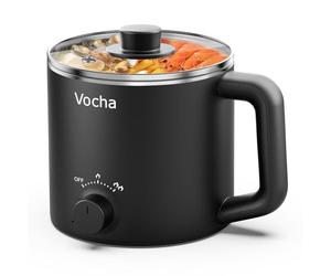 Vocha Electric Hot Pot, 1.6L Rapid Ramen Noodles Cooker, Stainless Steel Mini Stock Pot, Multi-Functional Portable Travel Cooker for Soup, Ramen, Pasta, Oatmeal, Egg, with Dual Power Control (Black)