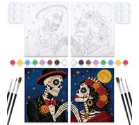 VOCHIC 2 Pack Sip and Paint Kit for Adults Pre Drawn Canvas to Paint Art Painting Party Set Couples Date Night Day of the Dead Dia de Los Muertos Romantic Sugar Skull Couple 8 x10 in
