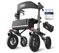VOCIC All Terrain Rollator Walker, Foldable Outdoor Rollator with Seat Mobility Walker for Senior, Carry Bag, Brakes, 30cm/ 12'' Wheel Rubber Large Tyre, Suitable Travel, 5 Year Support