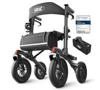 VOCIC All Terrain Rollator Walker, Foldable Outdoor Rollator with Seat Mobility Walker for Senior, Carry Bag, Brakes, 30cm/ 12'' Wheel Rubber Large Tyre, Suitable Travel, 5 Year Support