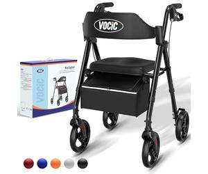 VOCIC Lightweight Rollator for Seniors with Durable Aluminum,330lbs Load Capacity,8"" Big Wheels Walkers for All Terrain, Adjustable Height Rolling Walker,5 Years Warranty| Black