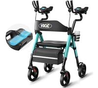 VOCIC Rollator for Seniors, Upright Walker with Adjustable Armrests, GelCool Stand Up Walker with Ergo Seat & Backrest, 20cm All Terrain Rollator with 136KG Capacity, Cup& Cane Holder (Green)