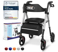 VOCIC Rollator Walker with Seat, Brakes, Bag, Foldable Walking Aid, Adjustable Height, Lightweight Walker for Disabled, 20cm/8'' Wheels for All Terrain, 5 Year Support,Silver