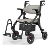 VOCIC Rollator Wheelchair Foldable and Lightweight with Seat, 2 in 1 Wheelchair Folding Rollators for Seniors, Outdoor Rubber Tyres for All Terrain, Aluminium Walker Transport Chair