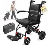 VOCIC U42 Ultralight Wheelchair for Adults, 9.3KG Transport Chair & Walker | Foldable & Portable Wheelchair for Seniors, Up to 110KG, 4cm Soft Seat, 8'' Honeycomb All-Terrain Wheels for Travel, Black
