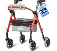 VOCIC Z12 Ultra Lightweight Rollator Walker with Seat, Only 6.3kg Aluminum Foldable Walker with Ergo Seat & Backrest, All Terrain Rollator for Senior, Adjustable Height, 5 Year Support(Red)