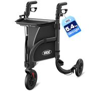 VOCIC Z25 Pro Rollator Walker for Seniors, Aluminum 3 Wheel Foldable Rollator with Non-Slip Tray, Cane Holder & Cup Holder, 20CM Airless Tires, Lightweight Three Wheel Walker, Max 136KG(Black)