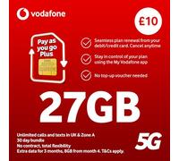 Vodafone Pay As You Go Plus SIM, 27GB Data, Unlimited UK Calls & Texts, 30 Days, 5G