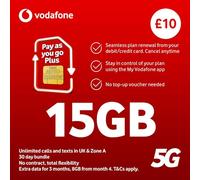 Vodafone Pay As You Go Plus SIM Card - 15GB 5G Data, Unlimited UK Calls & Texts for 30 Days