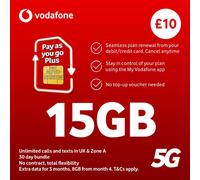 Vodafone Pay As You Go Plus SIM Card - 15GB 5G Data, Unlimited UK Calls & Texts for 30 Days