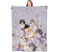 VODRM Adorable Kitten Blanket Cute Cat and Butterfly on Lavender Throw Blankets Gifts for Girls Women Adults Lightweight Soft Fleece Cozy for Sofa Couch Bed Room Travel Birthday Decor 50x60in