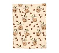 VODRM Boba Bubble Tea Blanket Kawaii Cup Cartoon and Green Tea Leaves on Milk Throw Blankets for Kids Lightweight Soft Fleece Cozy for Sofa Couch Bed Room Party Decor 50x60in