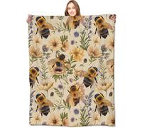 VODRM Bumblebee and Floral Blanket Bee and Wildflower Yellow Throw Blankets Gifts for Girls Boys Adults Lightweight Soft Fleece Cozy for Sofa Couch Bed Room Travel Birthday Decor 50x60in