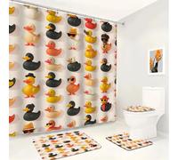 VODRM Colorful Rubber Duck 4PCS Shower Curtain Sets Cute Bathroom Set Accessories with Non-Slip Rug,Toilet Lid Cover, Bath Mat,Fun and Playful Curtains,Modern Decor Gifts for Adult,72x72in