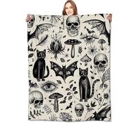 VODRM Creepy Gothic Blanket, Gothic, Black Cats, Skulls and Bats, Throw, Blankets, Gifts for Girls, Boys, Adults, Lightweight, Soft Fleece, Cozy for Sofa, Couch,