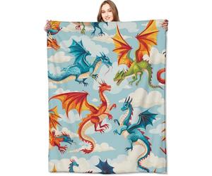 VODRM Dragon Blanket,60x80in,Cute Fire-Breathing Dragons in Sky Throw Blankets,Gifts for Kids Girls Boys, Lightweight Soft Fleece Cozy,for Sofa Couch Bed Room Travel Adventure Decor