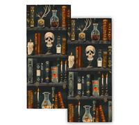 VODRM Gothic Bookshelf Hand Towels 2PCS, Vintage Book Candle and Skull Pattern Polyester Bath Towel Set, Dark Library Design for Goth Lover, Bathroom, Spa, Gym Halloween Decor Gifts, 14.5x28 Inch