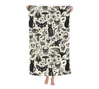 VODRM Gothic Retro Beach Towel,32x52in Microfiber Quick Dry Black Cat Skull Bat Mushroom Vintage Goth Bath Towels,Soft Lightweight Oversized Sand Free,for Travel Pool Swimming Decor