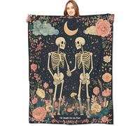 VODRM Gothic Skull Blanket Skeleton Romantic Throw Blankets with Flowers & Crescent Moon,Birthday Gifts for Kids Adult,Lightweight Soft Fleece,for Sofa Couch Bed Room Goth Halloween Decor 50x60in