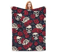 VODRM Horror Skull Blanket Gifts for Kids Adults Soft Warm Lightweight Cozy Gothic Red Rose White Black Skulls Throw Blankets for Bed Living Room Sofa Couch Halloween Goth Decor 50x60in