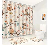 VODRM Owl 4PCS Shower Curtain Sets Cute Bathroom Set Accessories with Non-slip Rug,Toilet Lid Cover, Bath Mat,Cute Woodland and Floral Boho Curtains,Modern Decor Gifts for Adult,72x72in