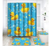 VODRM Rubber Duck 4PCS Shower Curtain Sets Fun and Playful Bathroom Set Accessories with Non-Slip Rug,Toilet Lid Cover, Bath Mat,72x72in,Duckies Curtains,Home Farmhouse Decor,Adult Teen Gifts