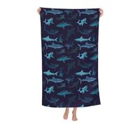 VODRM Shark Beach Towel 32x52in Microfiber Quick Dry Bath Blue Abstract Sharks Big Towels Soft Lightweight Pool Sea Animal Oversized Towels Sand Free Travel Swimming Decor Gift for Kids Adults