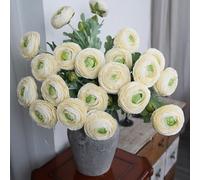 VOELIGT 10PCS Artificial Ranunculus Flowers with Real Touch Stem Silk Ranunculus Blooming Flowers Faux Leave for Home Decor Bouquet Ivory Artificial Mums