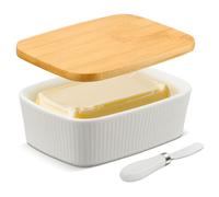 Voency Ceramic White Butter Box,Ceramic Butter Dish with Wooden Lid and Knife, Ceramic White Butter Dish with Lid - Large Butter Container Porcelain in 580ml for Butter, Cheese, Storage