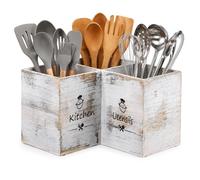 Voency Kitchen Utensil Holder,Farmhouse Utensil Organiser with 3 Compartment,Cutlery Caddy Drainage Bottom,Utensil Holder Wooden Kitchen Cooking Tools Storage for Countertop,Forks Spoons Cutters