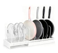 Voency Pots and Pans Organiser, Expandable Pans Organiser Rack,Pot Lid Holder with 10 Adjustable Dividers, Kitchen Cupboard Organiser,Cutting Board,Cast-iron Pan, Heavy Cookware (White)