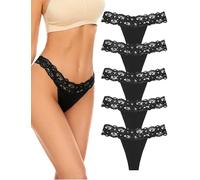 VOENXE Black Seamless Women Lace Thong Underwear,No Show Ladies Knickers,Lady Breathable Thong Multipack,No VPL Comfortable Panties Soft Laser Cut Undie Tanga,Woman Lacy Side G String Underpant,5-Pack