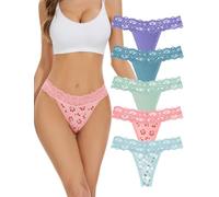 VOENXE Seamless Lace Thongs for Women,No Show Ladies Knickers Underwear,Lady Breathable Thong Multipack,No VPL Comfortable Panties Soft Laser Cut Undie Tanga,Woman Lacy Side G String Underpants 5-Pack
