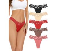 VOENXE Seamless Lace Thongs for Women,No Show Ladies Knickers Underwear,Lady Breathable Thong Multipack,No VPL Comfortable Panties Soft Laser Cut Undie Tanga,Woman Lacy Side G String Underpants 5-Pack