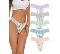 VOENXE Seamless Lace Thongs for Women,No Show Ladies Knickers Underwear,Lady Breathable Thong Multipack,No VPL Comfortable Panties Soft Laser Cut Undie Tanga,Woman Lacy Side G String Underpants 5-Pack