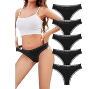 VOENXE Seamless Thongs Underwear for Women,No Vpl Show Lace Knickers,Ladies Tanga Multipack,Comfortable Soft Laser Cut Panties,Invisible Woman Lacy Side Gym G String Seam Free Underpants 5-Pack Black
