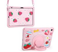 VOFUOE for iPad 10th Generation Case 10.9 2022 Kids, for iPad A16 Case 11th Generation 2025 with Screen Protector Shoulder Straps Stand Sweet Strawberry Yogurt Cake Design Soft Silicone Cover-Pink