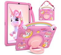 VOFUOE for iPad 11th Generation A16 Case 2025, for iPad 10th Generation Case 10.9 2022 Kids Girls with Shoulder Straps 360 ° Rotating Stand Rainbow Unicorn Soft Silicone Protective Cover- Hot Pink