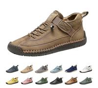 Vogany Shoes Unisex Handmade Soft Leather Shoes, Wide Fit Lace up Outdoor Casual Orthopedic Sneakers, Non-Slip Lightweight Breathable Casual Sneakers for Driving Walking Hiking Size 7 Khaki