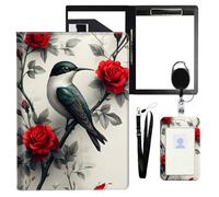 VOGDMKJG Bird On Branch Rose Leather Padfolio Clipboard with ID Badge Holder&Pen Holde&Heavy Duty Clip File Folder,Efficiency Slim Document Organizer for Nursing/School/Office for Women Men